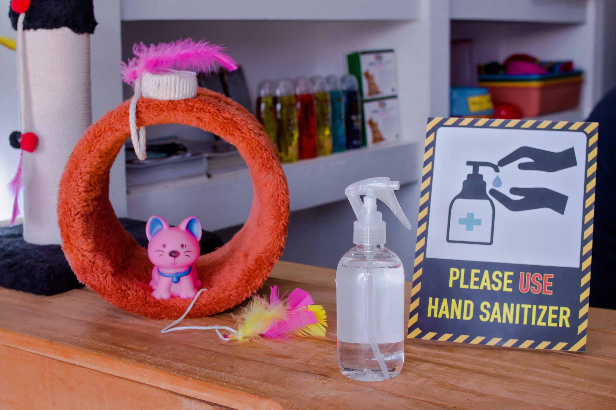 hand sanitizer bottle with signage at a local retail store - petshop
